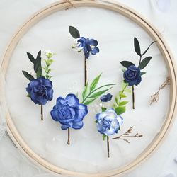 Flower hair pins, Royal blue hair clip, Flower hair accessories, Set of blue flower hair pins, Wedding flower hair piece