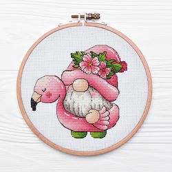 summer gnome cross stitch, flamingo hand embroidery pattern pdf, fantasy creature, dwarf needlepoint chart digital file