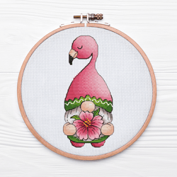 Gnome Cross Stitch Pattern PDF, Gnome Flamingo Hand Embroidery,Fantasy Creature Cross Stitch Chart Digital File