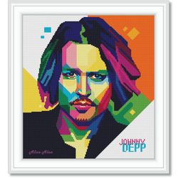 Cross stitch pattern art Johnny Depp portrait actor superhero abstract rainbow colorful performer counted crossstitch
