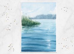 Lake painting Summer waterscape painting Original watercolor painting 5x7"