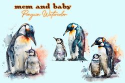 Mom And Baby Penguin Watercolor