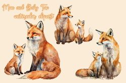 Mom And Baby Fox Watercolor Clipart