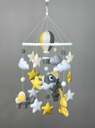 Bear on a cloud baby mobile for a crib. Yellow, beige mobile for a boy or a girl.