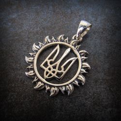 Silver trident in the sun necklace pendant,ukrainian silver emblem tryzub in the sun,ukrainian symbol silver charm
