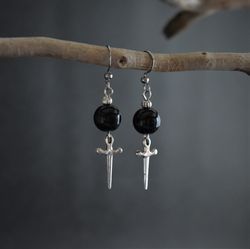 Black onyx earrings Dagger witchy earrings Gemstone sword earrings Dark creepy goth jewelry