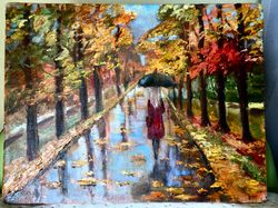 Autumn Park. Rain Original oil paining on canvas mounted on board