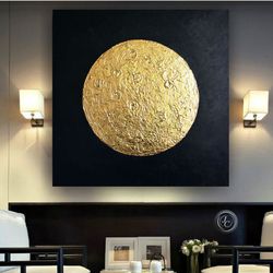Gold Moon Painting Black and Gold Abstract Wall Art | Full Moon Textured artwork Original painting Modern wall decor