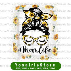 Sunflowers Bleached Mom Life Hair Bun Png, Mother's Day Png, Mom Skull Bun Hair Sunglasses Headband PNG