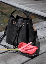 Genuine python skin blac bucket crosshandle bag/ designer women purse | classy elegant rossbody bag | exotic leather bag