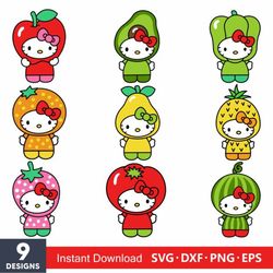 Hello Kitty Vector Cute Cat Fruits Svg, Cute Cat Fruits, Kawaii Kitty Svg Bundle, Cute Cat Svg, Kitty Svg- Download File