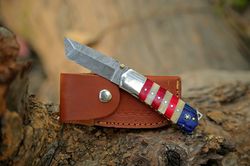 Custom Handmade Damascus Steel American Flag Pocket Folding Knife with leather sheath