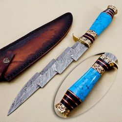 Handcrafted Custom Damascus Steel Hunting Knife with Turquoise Stone & Brass Handle