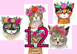 Scrapbooking card set, Pocket card - Vintage cats with flowers -7
