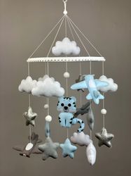 Baby mobile with a tiger and airplanes.Blue Tiger mobile for baby crib. Baby handmade mobile with felt tiger