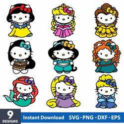 Hello Kitty Disney Princess Bundle Svg, Hello Cat Princess Svg, Hello Kitty Svg, Disney Princess Svg, Png Dxf Eps File