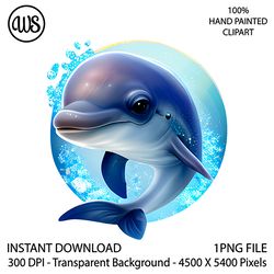 Cute Dolphin Clipart. Dolphin Sublimation Clip Art.  Dolphin Character. Hand Drawn Graphics. Digital Download.