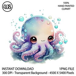 Cute Octopus Clipart. Octopus Sublimation Clip Art. Cute Character. Hand Drawn Graphics. Digital Download.