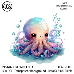 Cute Octopus Clipart. Octopus Sublimation Clip Art. Cute Character. Hand Drawn Graphics. Digital Download.
