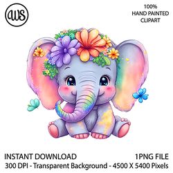 Baby Elephant Sublimation Clipart. Elephant Clip Art. Cute Character. Hand Drawn Graphics. Digital Download.
