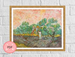 Cross Stitch Pattern, Women Picking Olives,Country Side , Famous Painting,X Stitch Chart,Vincent Van Gogh,Full Coverage