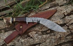 Stag Horn Handle, Handmade Damascus Steel Gurkha Kukri Knife With Sheath, Fixed Blade Knife, Gut Hook, Bowie Knife