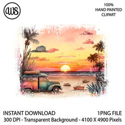Retro Beach Sunset Clipart. Summer Clipart. Summer Sublimation Clipart. Watercolor Clipart. Digital Download.