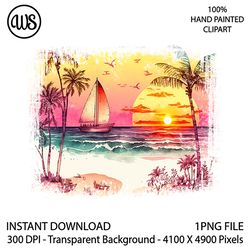 Retro Beach Sunset Clipart. Summer Clipart. Summer Sublimation Clipart. Watercolor Clipart. Digital Download.