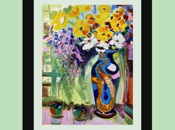 Vase Oil Painting Abstract Original Art Flower Original Artwork Floral Painting Sunflower Impasto Textured by FusionArtC