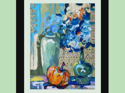 Vase Oil Painting Abstract Original Art Flower Original Artwork Floral Painting Pumpkin Impasto Textured by FusionArtC