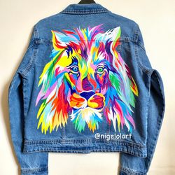Painted Denim Jacket Handmade Custom denim jacket Personalized jean jackets Portraits from photos Lion art drawing