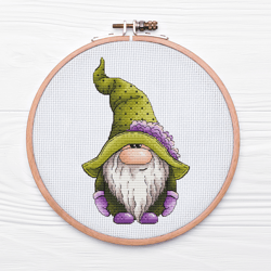 Spring Gnome Cross Stitch Pattern PDF, Olive Gnome Hat Hand Embroidery, Leprechaun Tapestry, Mothers Day Gift, Instant D