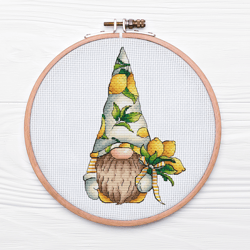 Gnome Cross Stitch Pattern PDF, Leprechaun Cross Stitch, Lemon Gnome Hand Embroidery, Gift For Her, Instant Download