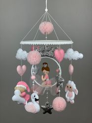 Princess baby mobile crib. Pink princess with animals mobile nursery crib.Baby mobile for girl.