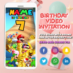 Super Mario Video Invitation, Super Mario digital invite, birthday, party, fun,, video invite, Mario, Luigi, Peach