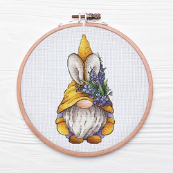 Gnome Cross Stitch Pattern PDF, Easter Leprechaun Cross Stitch, Lavender Gnome Hand Embroidery, Instant Download