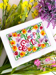 HAPPY EASTER FLORAL Ornament cross stitch pattern PDF by CrossStitchingForFun Instant Download, Easter cross stitch