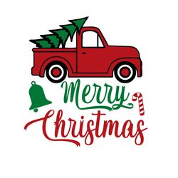 Merry Christmas Vintage Red Truck Carrying Pine Tree SVG PNG