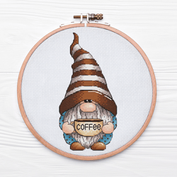 Coffee Lover Gnome Cross Stitch, Polka Dot Pants Gnome Hand Embroidery, Sweet Coffee Cup Tapestry, Digital File
