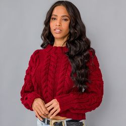 Trancada burgundy sweater pullover cable aran thick yarn, shortened length