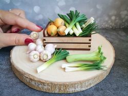 Miniature onion vegetables: onion, garlic, leek, celery, asparagus, barbie dollhouse food - fairy garden farm