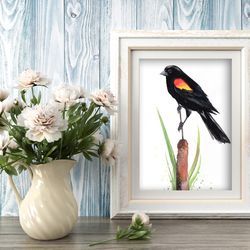 Bird painting, blackbird watercolor paintings, handmade home art bird watercolor painting by Anne Gorywine