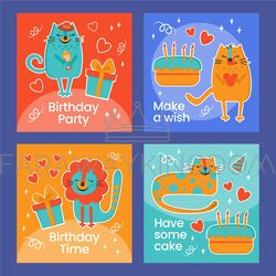 BIRTHDAY IG POST CATS Cute Cartoon Flat Style Vector Set