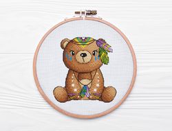 Baby Bear Cross Stitch, Native American Cross Stitch Chart, Indian Hand Embroidery, Instant Download Digital File