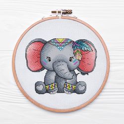 Baby Elephant Cross Stitch, American Indian Cross Stitch Chart, Cute Animal Hand Embroidery, Instant Download Digital