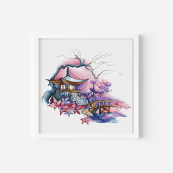 Japanese Pagoda Cross Stitch, Japanese Maple Cross Stitch Chart, Flowers Hand Embroidery Design Digital File, Japanese