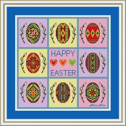 Cross stitch pattern Sampler Eggs branch willow Happy Easter colorful ornament  holiday counted crossstitch patterns PDF