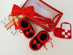 Red baby booties and headband, baby girl shoes - 3-6 months, newborn baby booties, toddler shoes