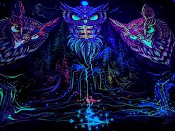 Art Psychedelic tapestry Wall gobelin "Owls Horizont" UV active Owl Art Fluorescent Home decor  Wall painting