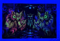 Home decor Wall Art 'Owls DreamCatchers' Visionary tapestry Blacklight active Psychedelic tapestry Party decor Trippy